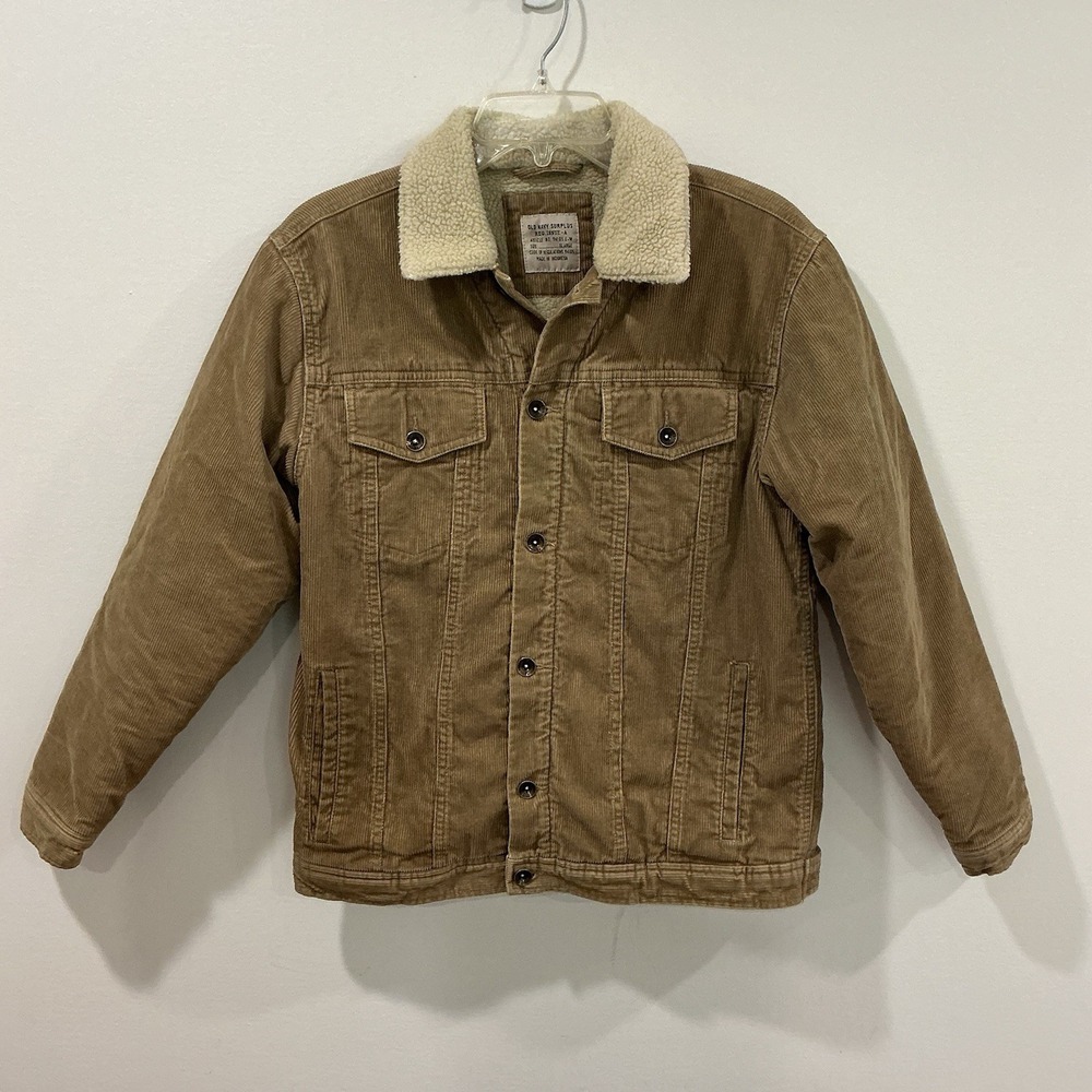 Old Navy Boys XL Sherpa Lined Corduroy Button Pocket Tan Beige Fall Jacket